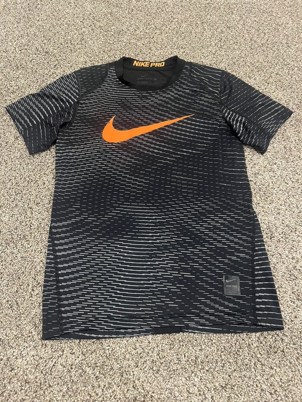 Nike Pro Dri-FIT Mens M Compression Shirt Black Gray Orange Swoosh Top
